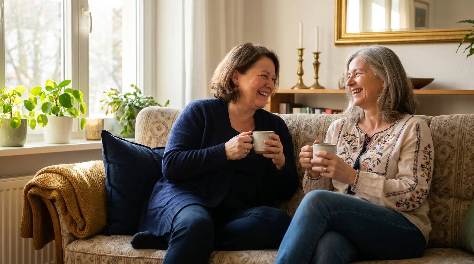 Einfühlsame Betreuerin im Gespräch mit einer Seniorin beim Tee zu Hause